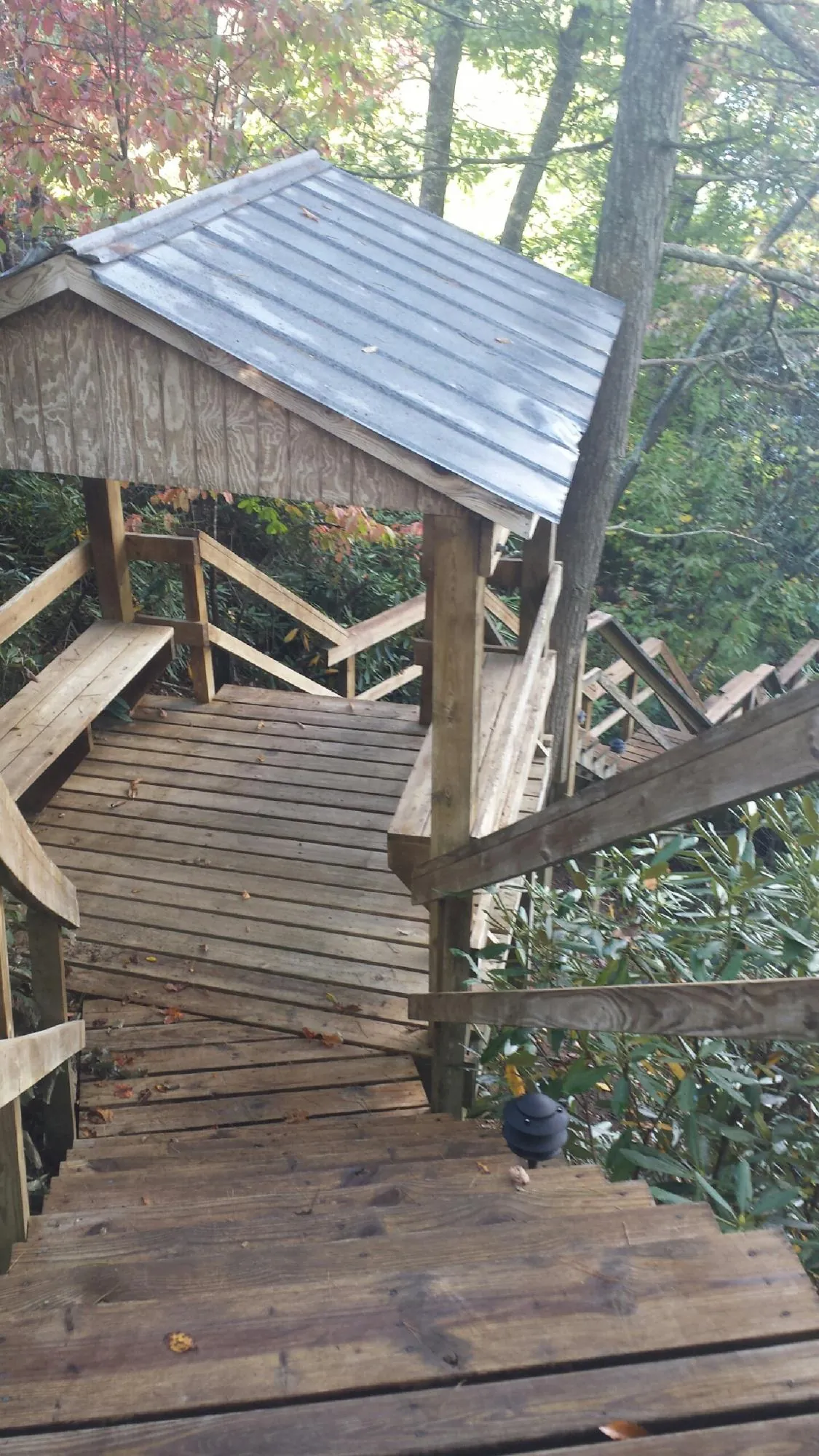Metal roofed shelter over wooden steps on a wooded walkway — Skylight Repair & Installation work by our crew in Rock Hall